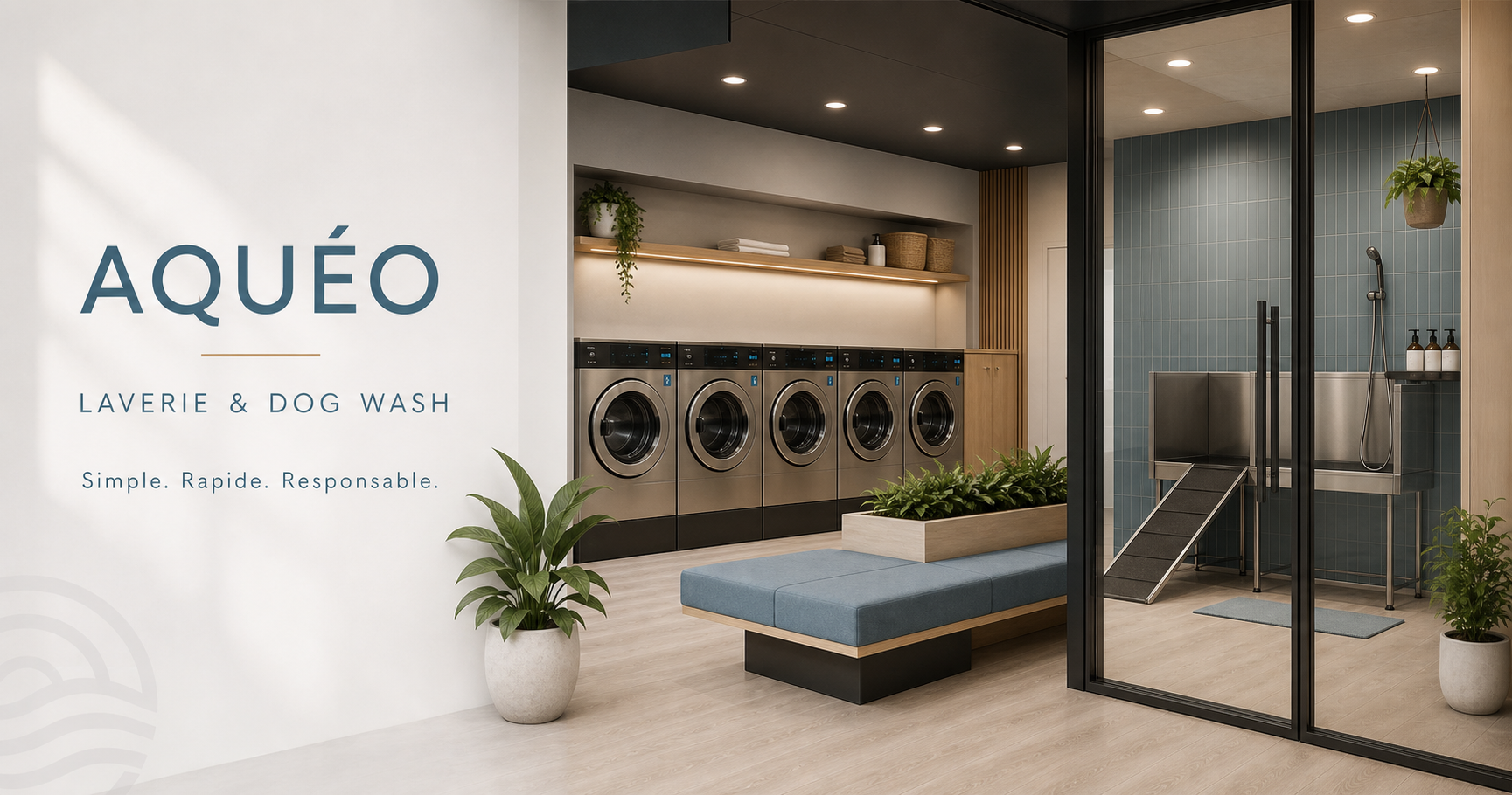 Intérieur généré de la laverie AQUÉO avec espace dog wash séparé
